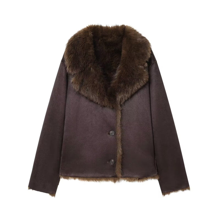 Dam Kort Ullblandning Blouson med Voluminous Konstpäls Krage