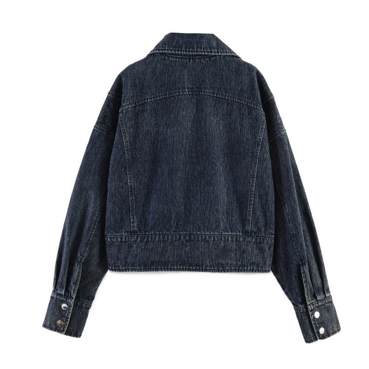 Dam Oversized Kort Jeans Jacka med Bred Krage
