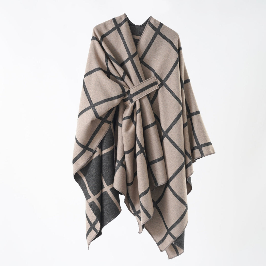 Dam Oversize ullblandning poncho med bälte och Check mönster