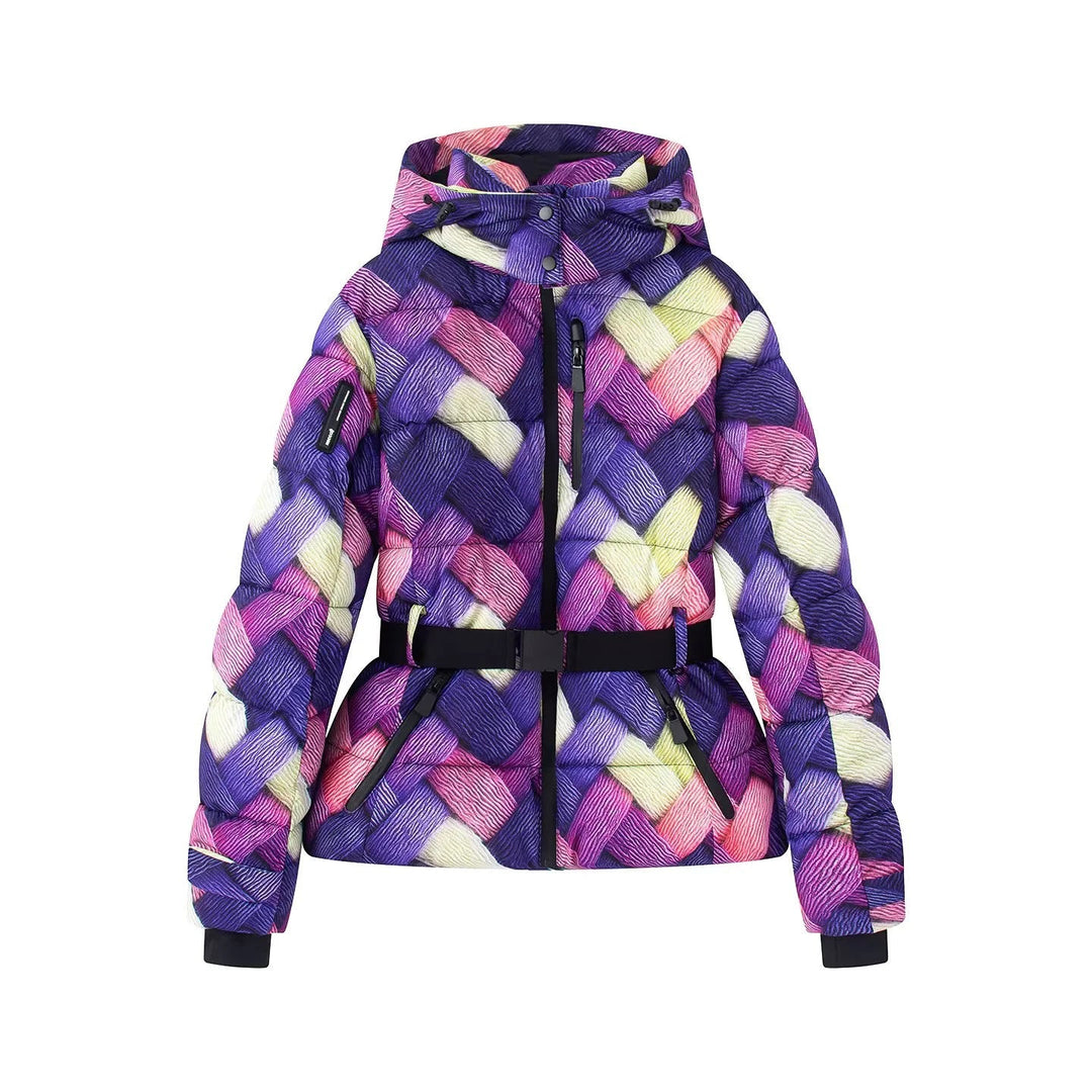 Dam quiltad ski jacka med huva, midjebälte, och vattenavvisande zippers