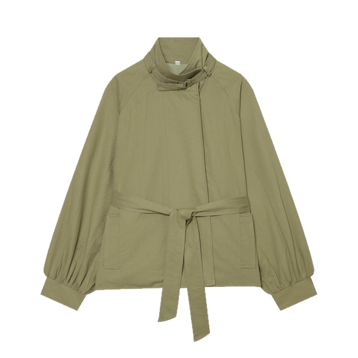 Dam Kort Cape Övergångsjacka med Stå Krage, Waist Belt och Balloon Ärmar