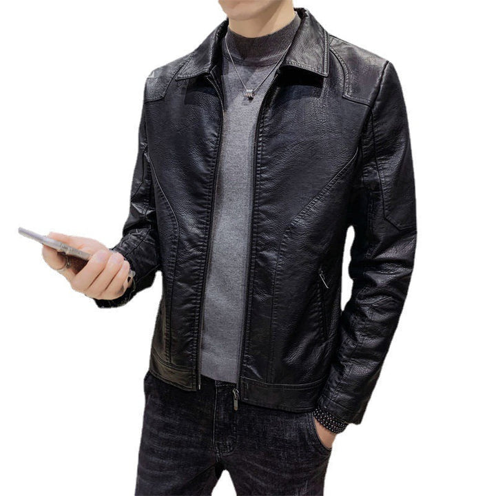 Herr Minimalistic Läder Effect Zip Blouson med Ergonomic Söm Lines och Skjorta Krage