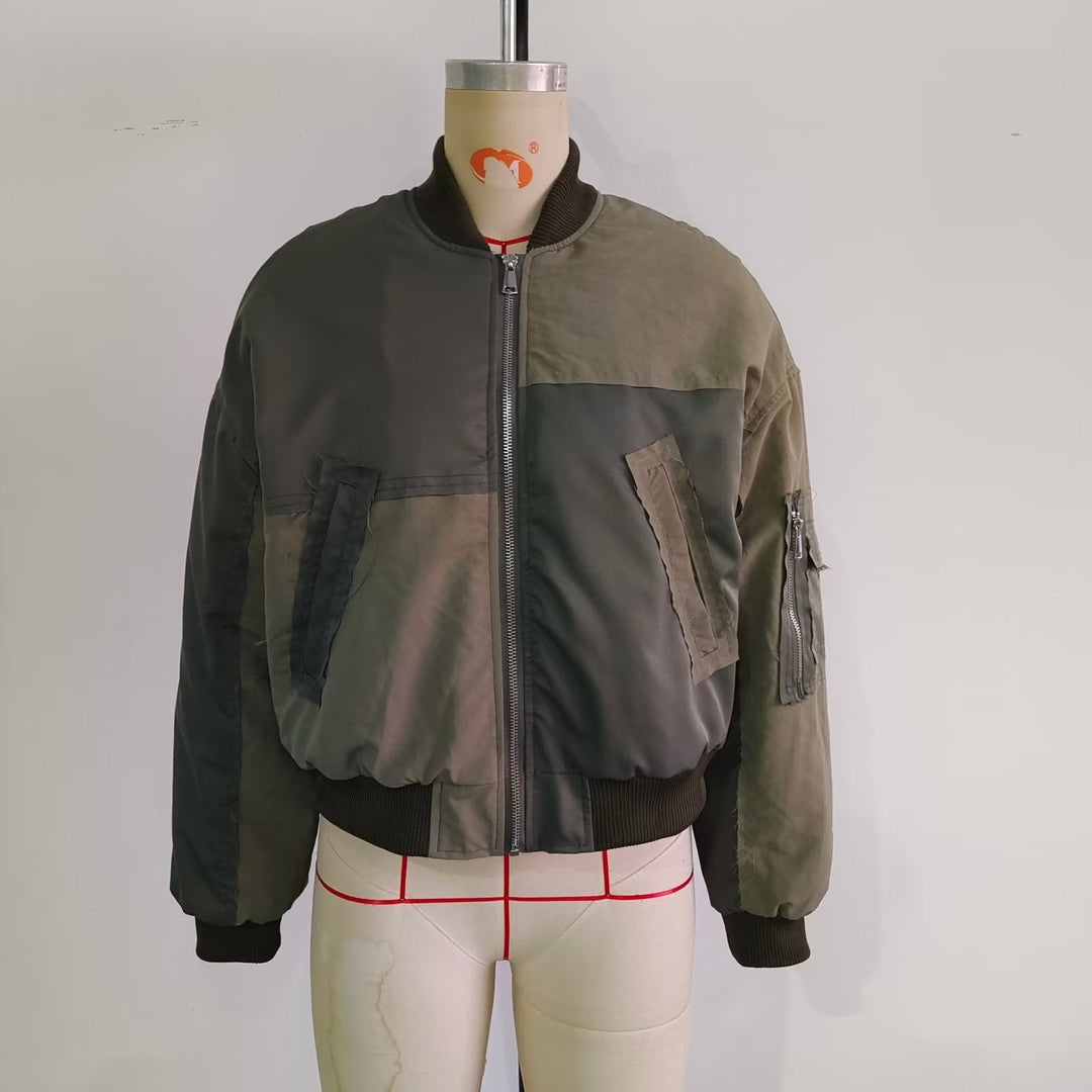 Dam kort-skärning utility bomber med patch detaljer, praktisk bröstfickor och ärm dragkedja