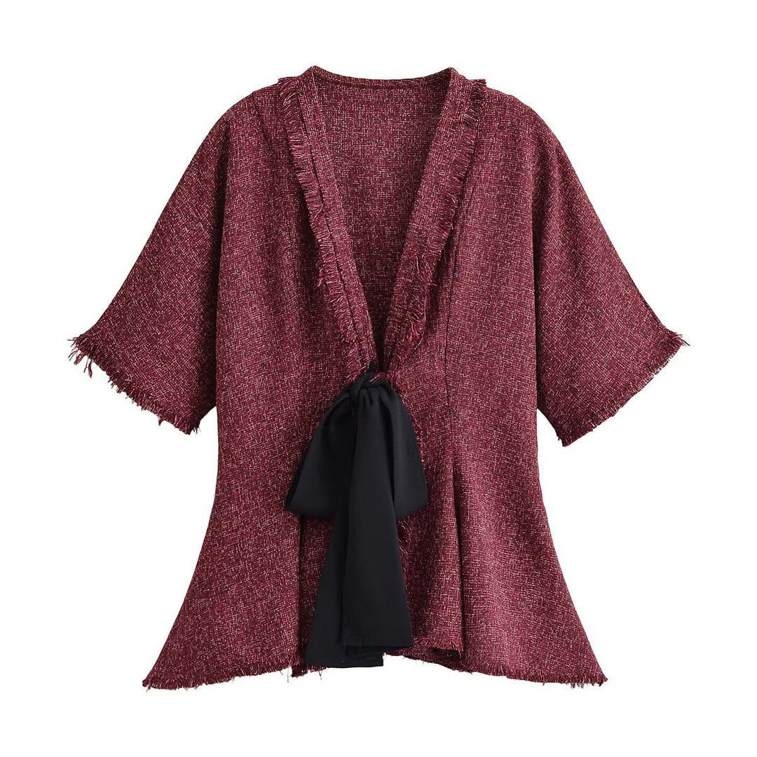 Dam Tweed Kimono Jacka med Fringe Kant och Dekorativ Tie Scarf