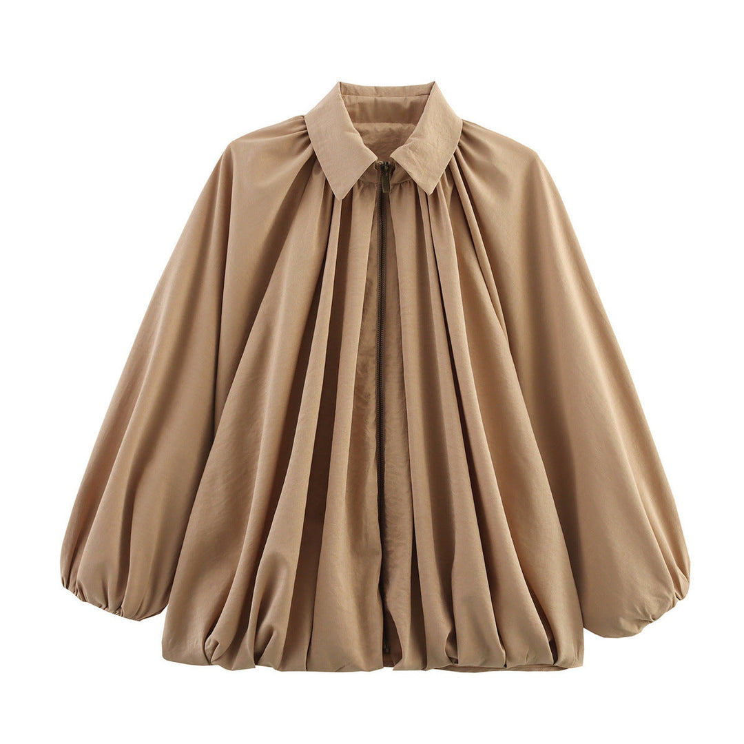 Dam vid Pleated Cape övergångsjacka med dragkedja och Balloon-Shaped fåll