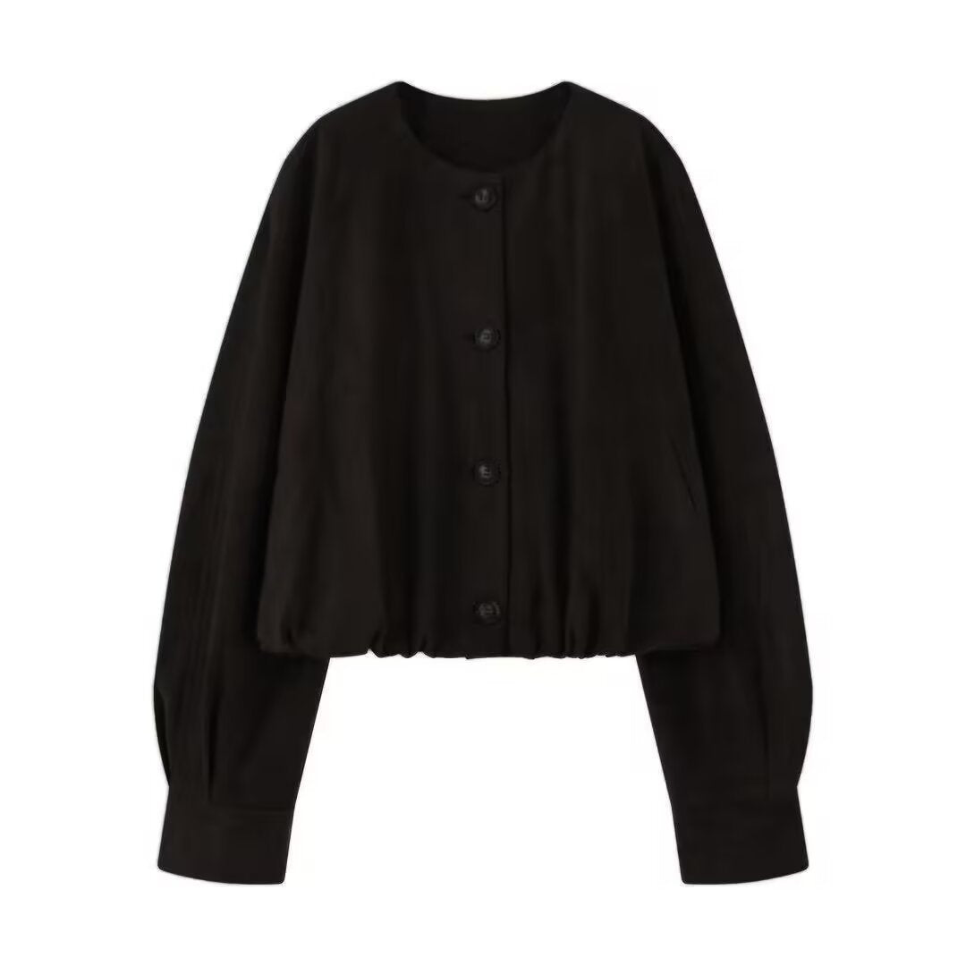 Dam Kort Blouson Jacka i Kort Look med Round Neckline och Balloon Ärmar