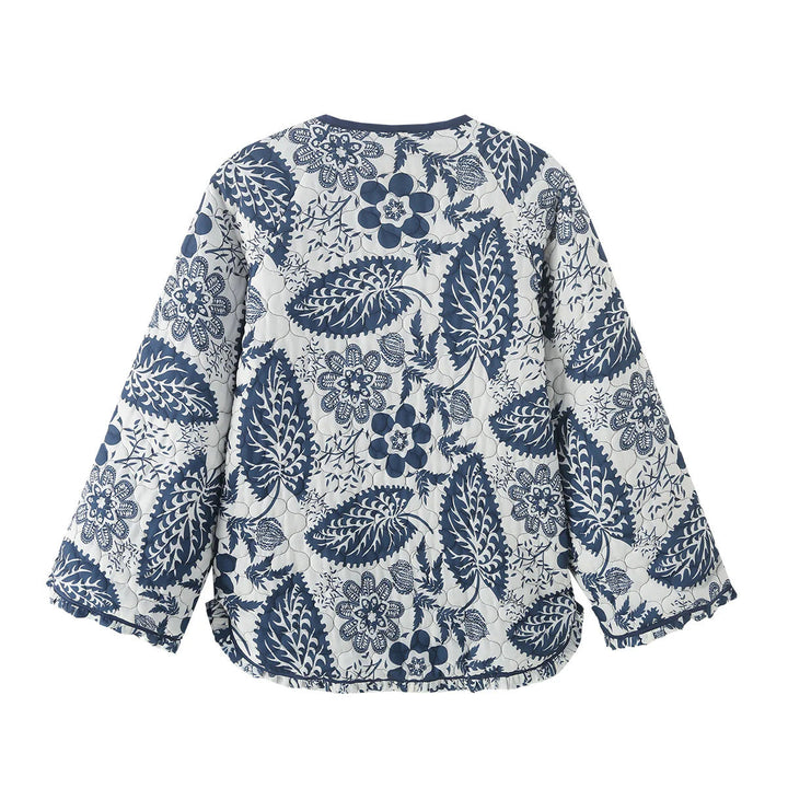 Dam quiltad jacka med floral patchwork tryck, round knäppning och rounded fåll