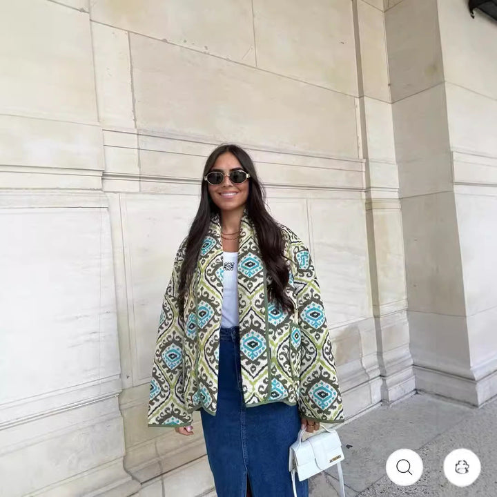 Dam kviltad Kimono jacka med Graphic Allover mönster, Shawl krage och utanpåfickor
