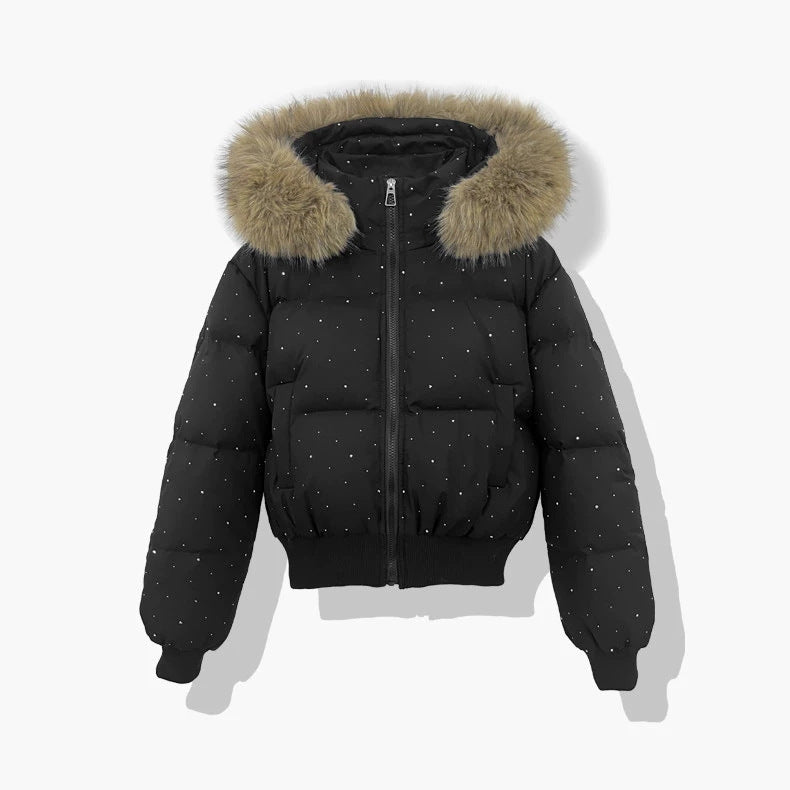 Dam kort quiltad puffer blouse med fine rhinestone embellishment, detachable huva med fuskpäls och elastisk fåll