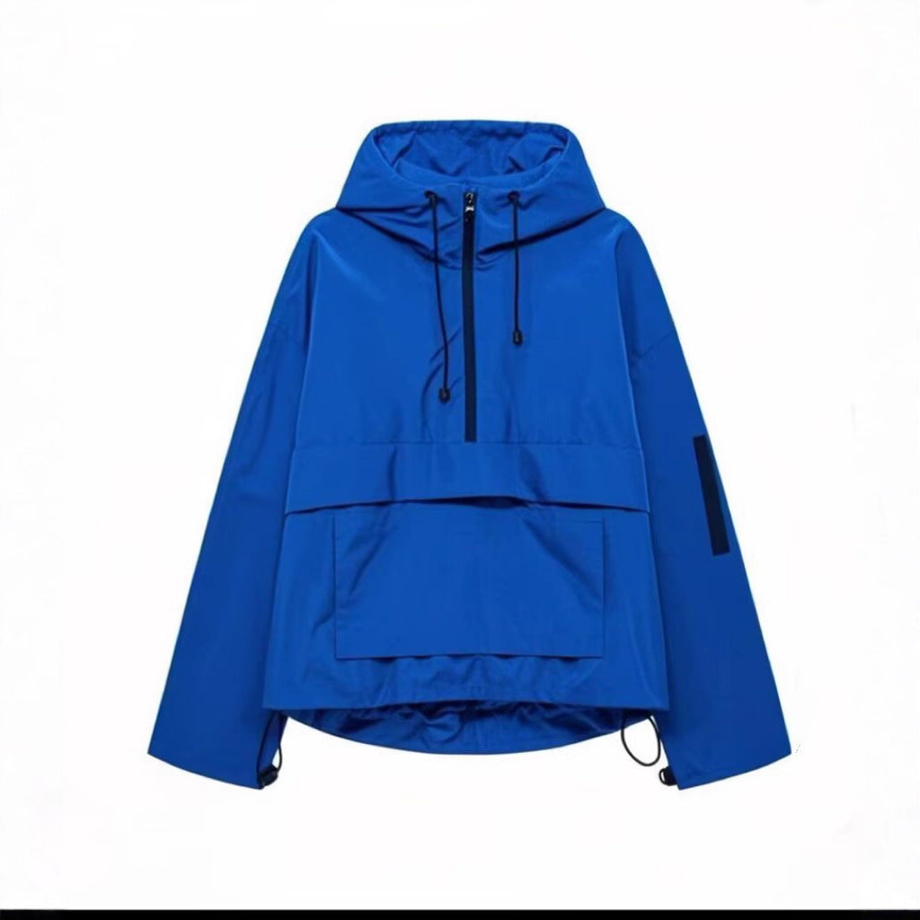 Dam Oversized Vindjacka-Anorak med Huva, Halv Dragkedja och Känguruficka