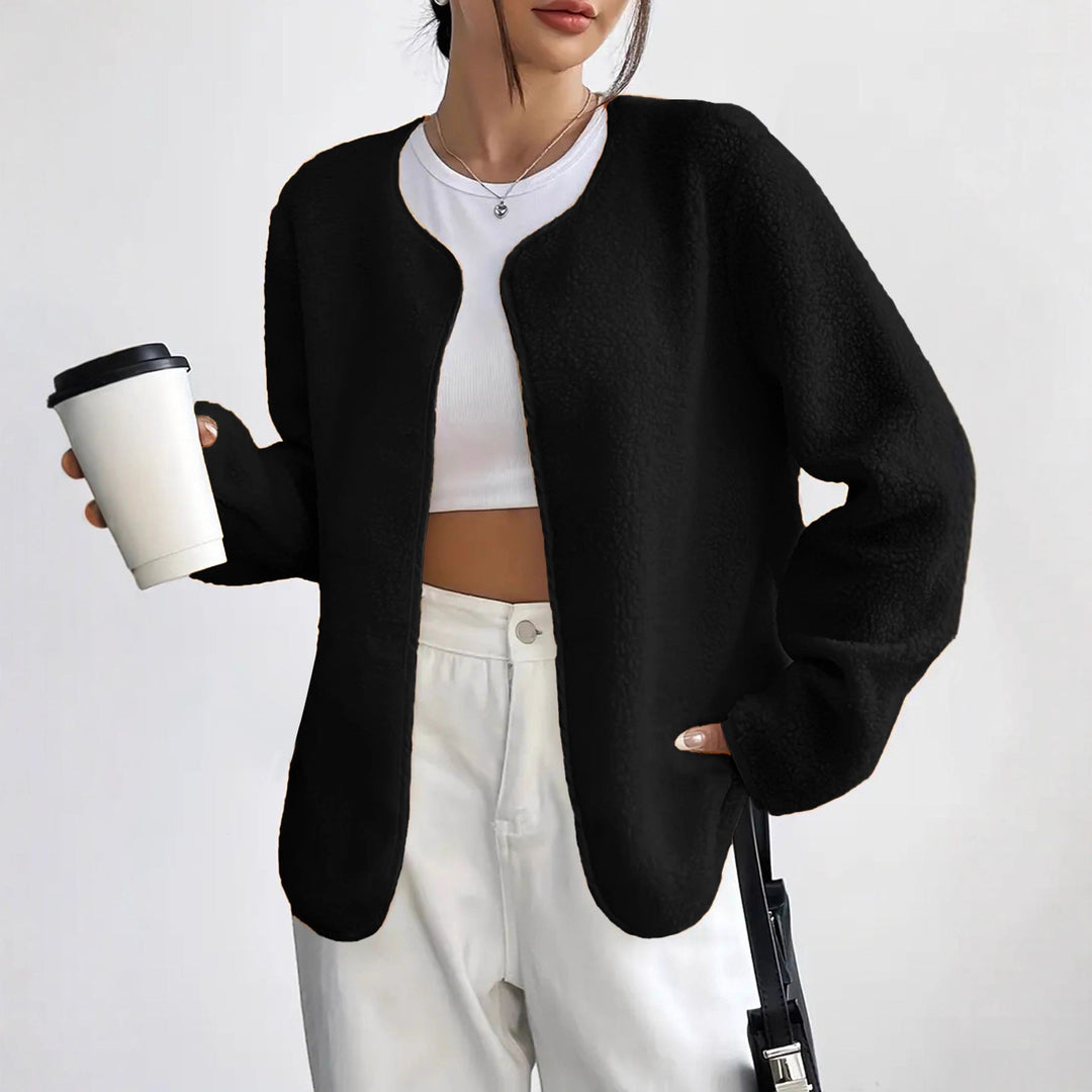 Dam kort jacka Teddy fleece kofta utan Closure med rund hals