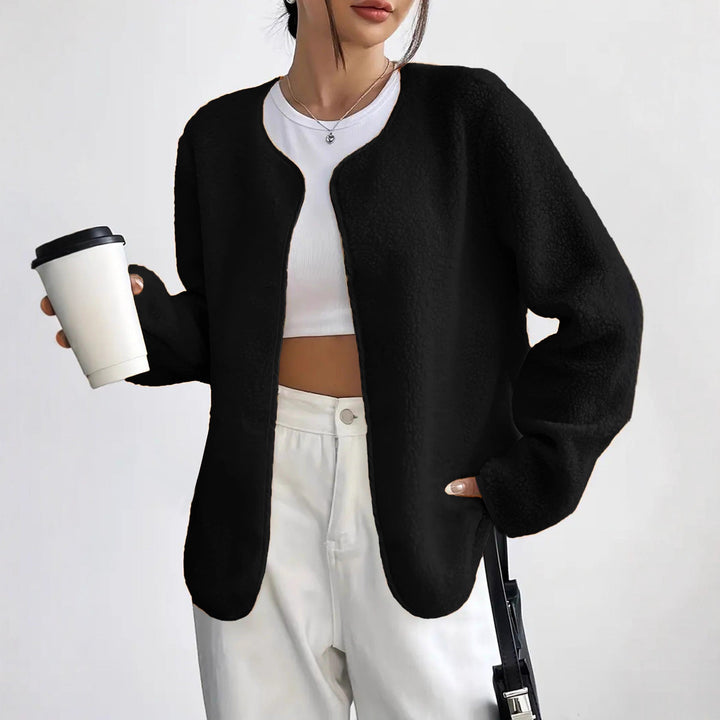 Dam kort jacka Teddy fleece kofta utan Closure med rund hals