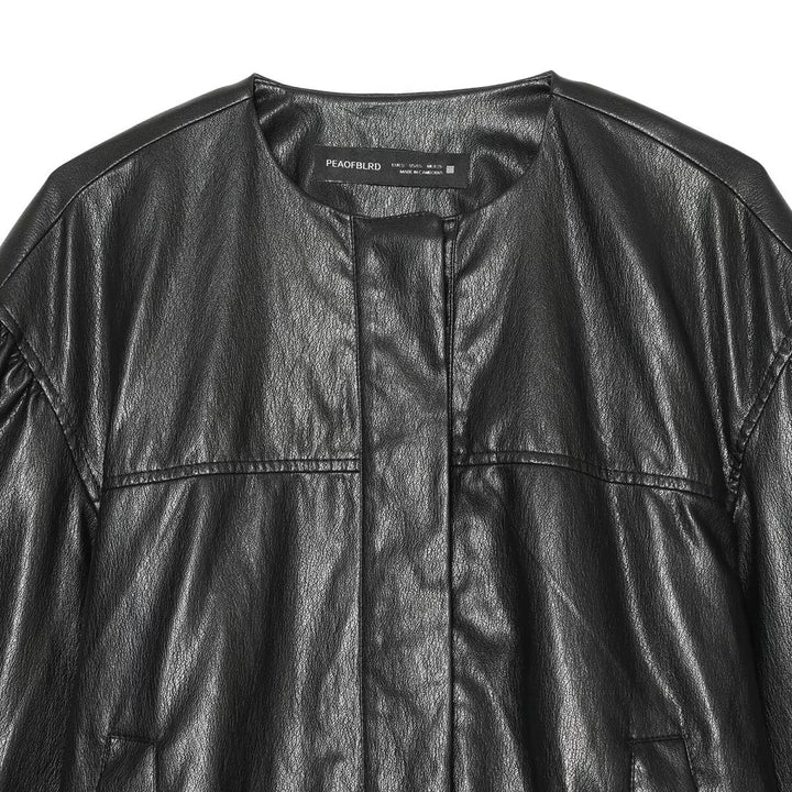Dam Kort Blouson i Läderlook med Round Neck, Dold Tryckknapp Knapp Knäppning och Balloon Ärmar