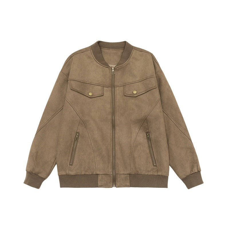 Unisex Kort Jacka i Vintage Mocka Look med Bröst Flaps, Dragkedja Fickor och Ribbstickade Muddar