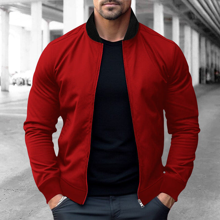 Herr Sportig-Elegant Sweat Jacka i Bomber Stil med Contrast Krage och Tvåvägsdragkedja