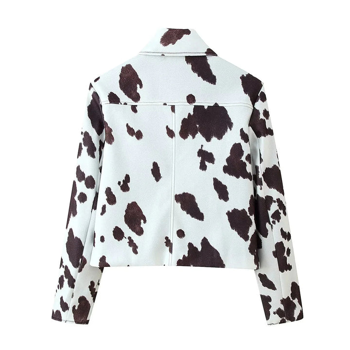 Dam cropped shirt jacka med cow tryck mönster och tryckknäppning