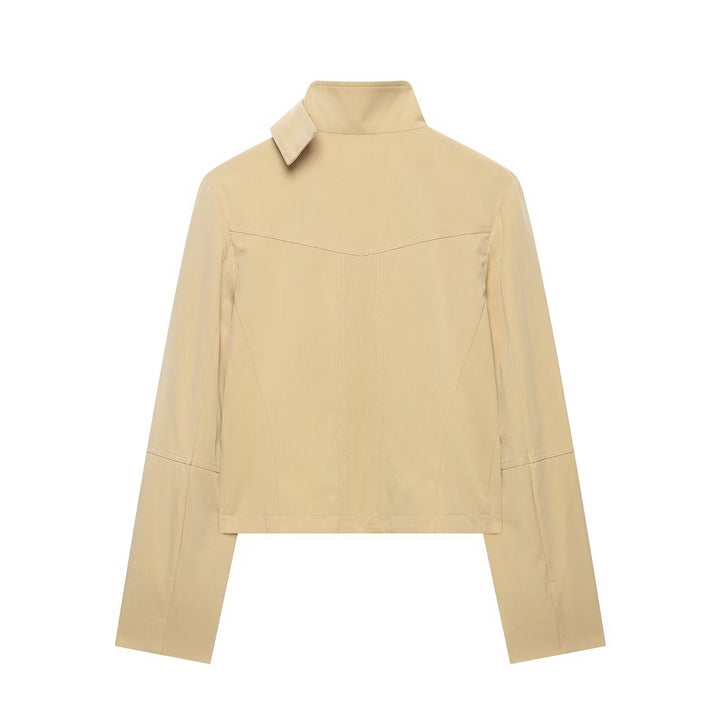 Dam Kort Double-Breasted Utility Blouson med Hög Standing Krage och Lock Fickor