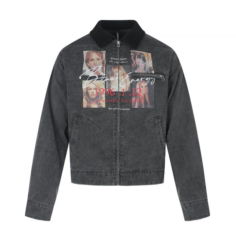 Herr Short-Cut Canvas bomberjacka med Cord Krage och Large Photo Collage Tryck