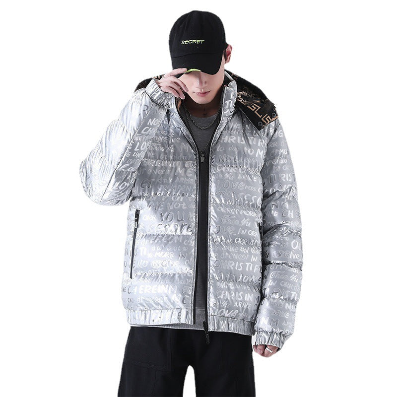 Herr Reflective Quiltad Down-Look Jacka med Huva och Heltäckande Tryck