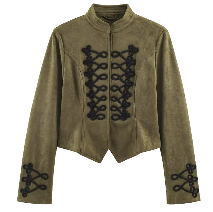 Dam Kort Skärning Suede Jacka i Military Look med Stå Krage och Dekorativ Cord Frog Appliqué