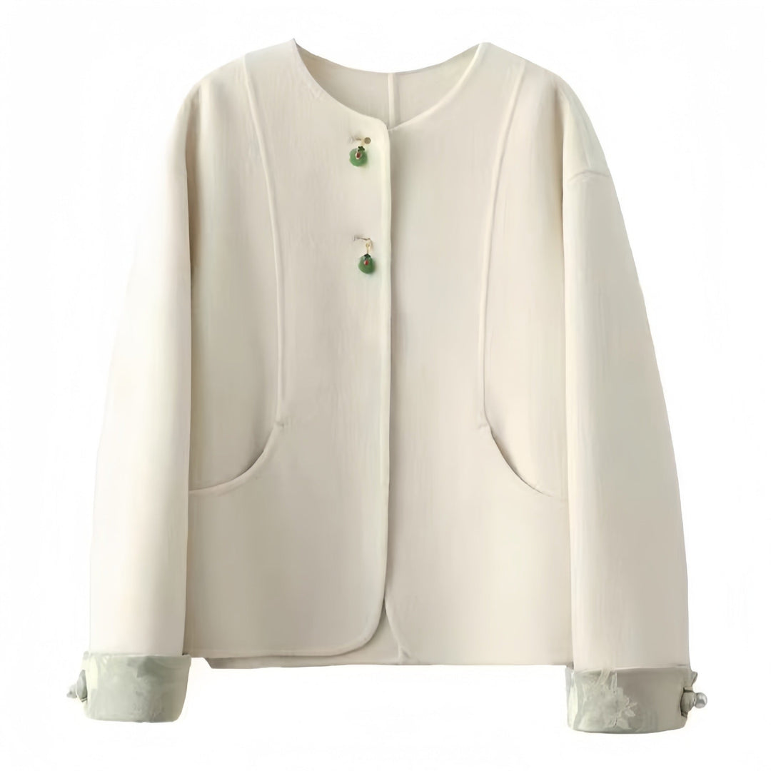 Dam Boxig Ull Jacka med Embroidered Muddar och Ståkrage