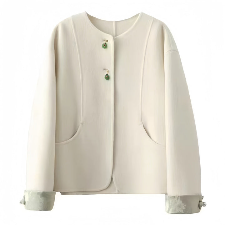 Dam Boxig Ull Jacka med Embroidered Muddar och Ståkrage