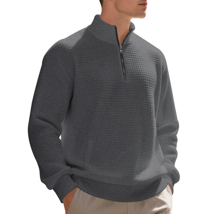 Herr Waffle Stickad Halv Dragkedja Pullover med Ståkrage, Känguruficka &amp; Ribbad Finishes