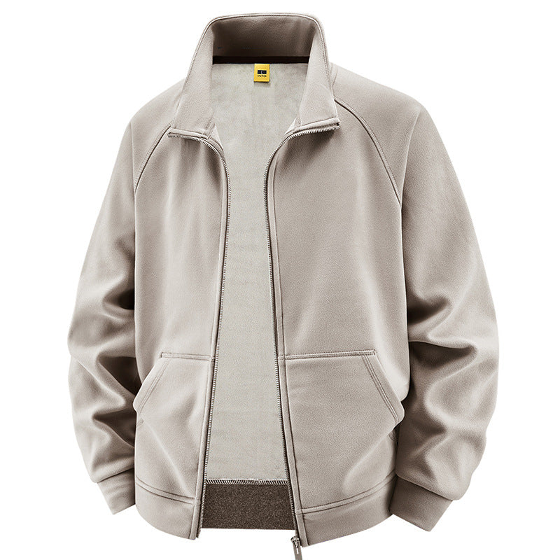 Herr Insulated Plush Fodrad Sweat Jacka med Stående Krage och Dold Inre Fickor
