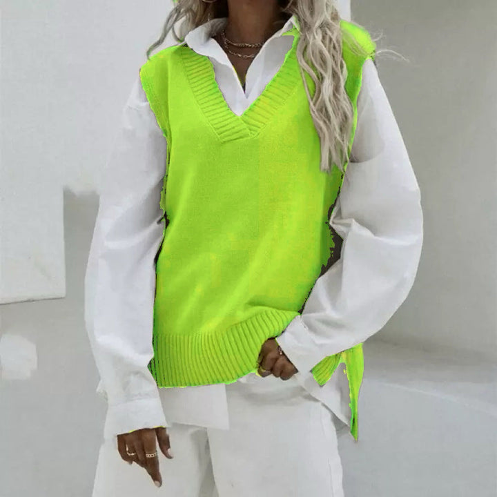 Dam Sleeveless stickad väst med V-Neck och Side Slits