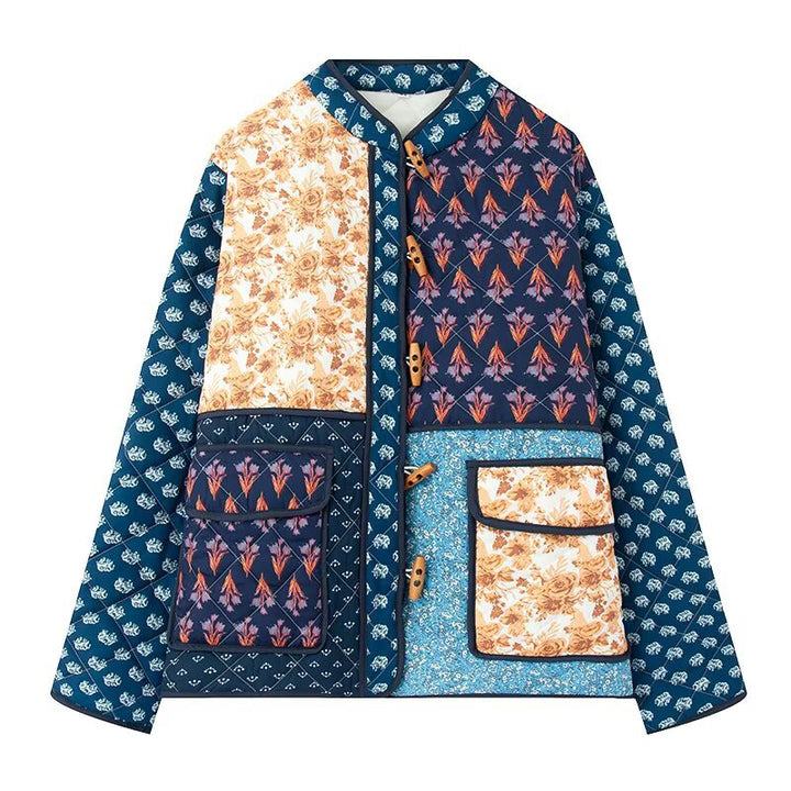 Dam Vadderad Patchwork Quiltad Jacka med Toggle Stängningar och Utanpåfickor