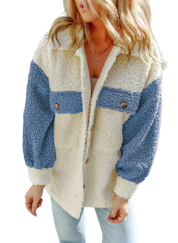 Dam oversized Teddy shirt jacka med kontrast stripes, applied bröstfickor och visible knäppning