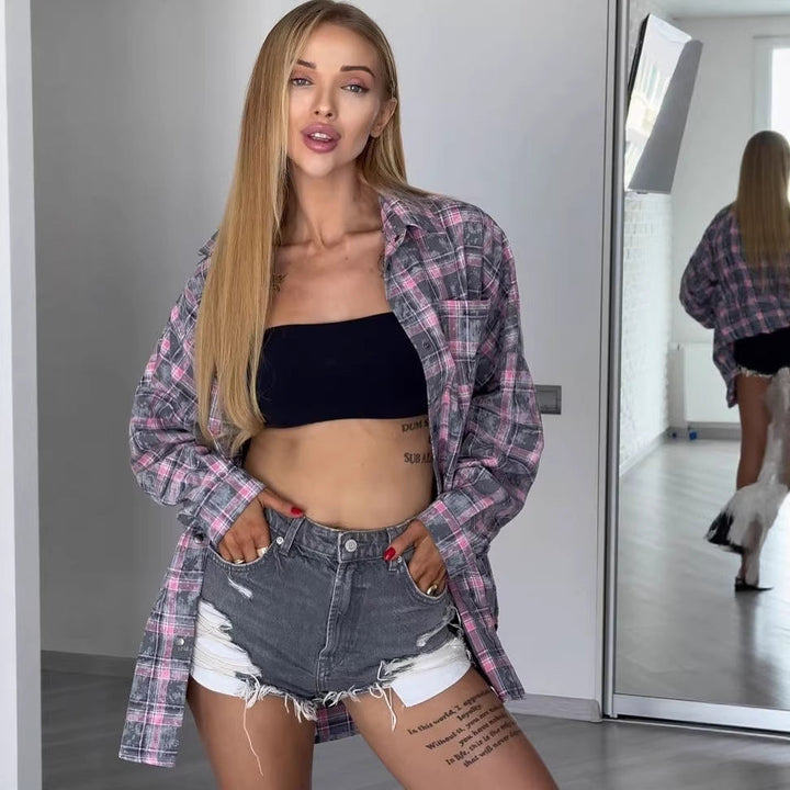 Dam oversize Checked Shacket-skjortjacka med stängning med tryckknappar och Rounded fåll