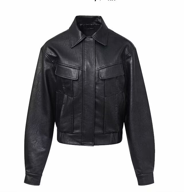 Dam kort jacka in vegan läderlook in kort utility worker stil med flap fickor