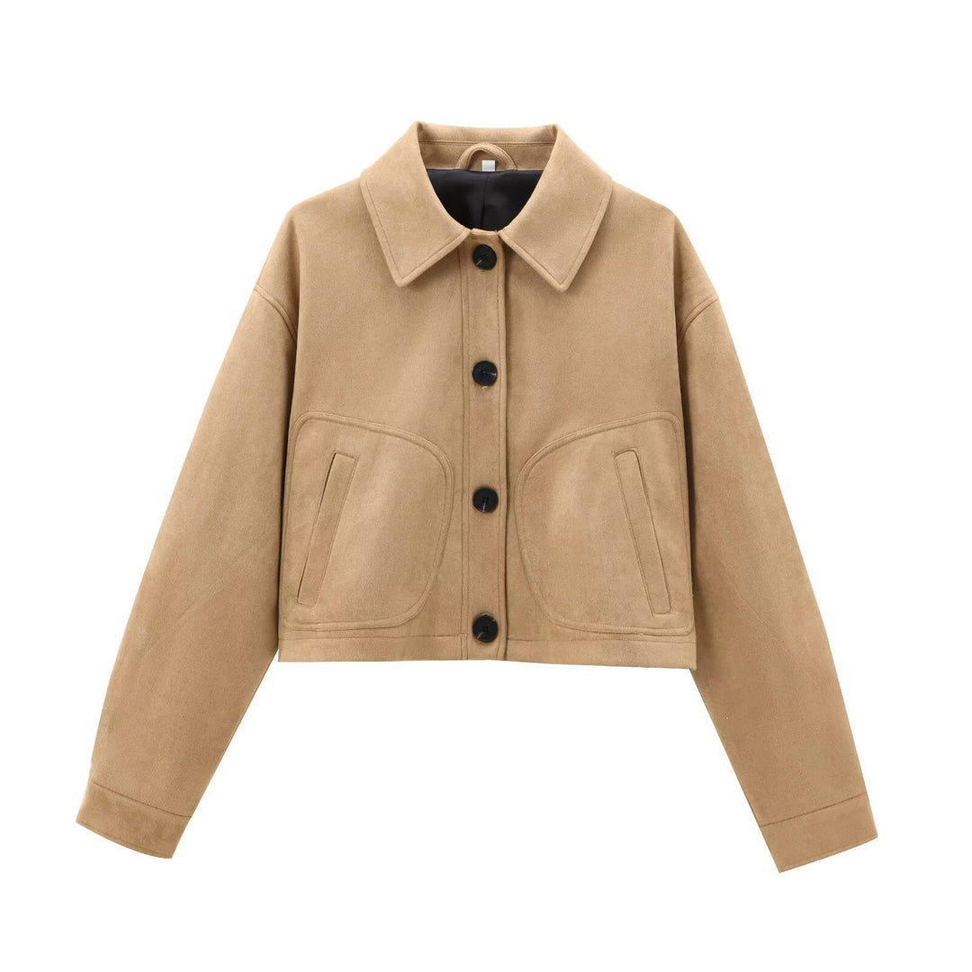 Dam Kort Boxig Övergångsjacka i Velvet Look med Skjort Krage och Patch Fickor
