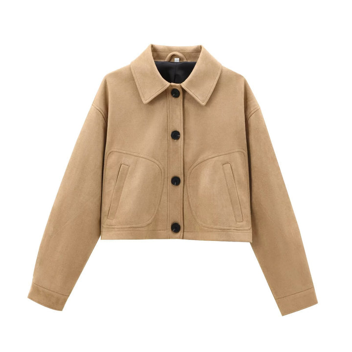 Dam Kort Boxig Övergångsjacka i Velvet Look med Skjort Krage och Patch Fickor