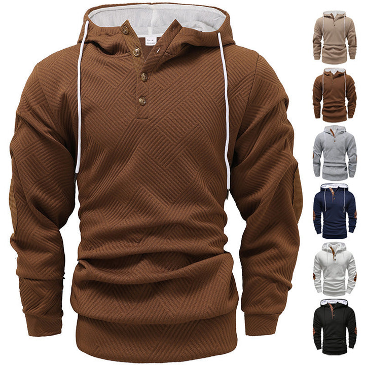 Herr Strukturerad Luvtröja i Henley Stil med Contrast Kant och Elbow Lappar