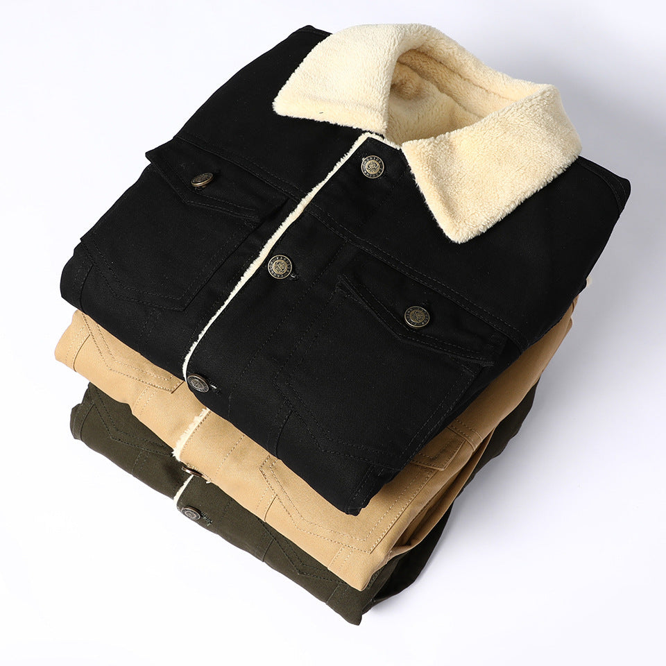 Herr Canvas Trucker Jacka med Teddy Fleecefoder och Lock Fickor