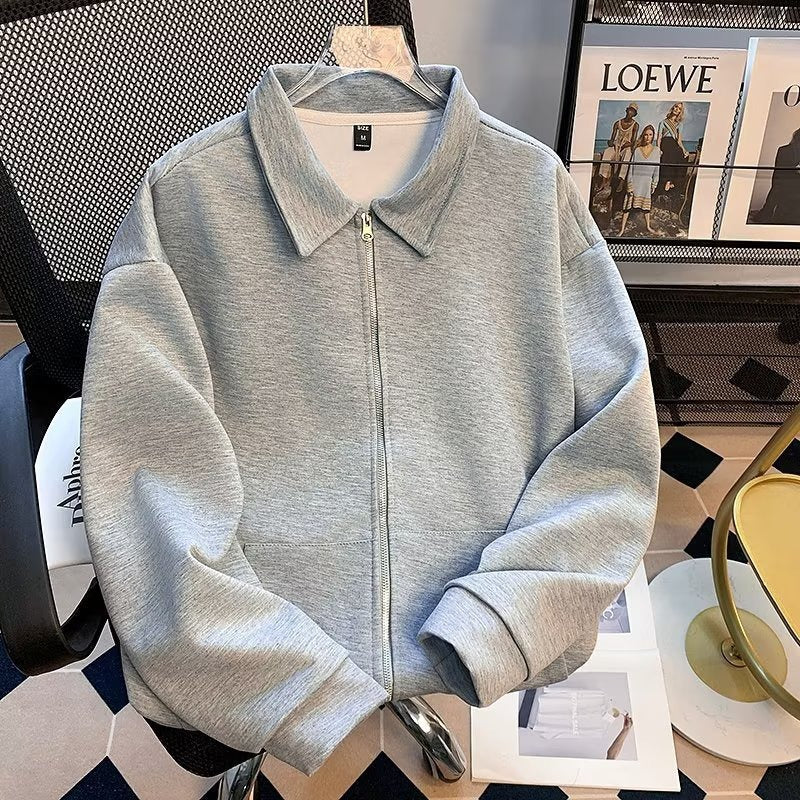 Herr Dragkedja Sweat Jacka med Skjortkrage och Oversized Skärning
