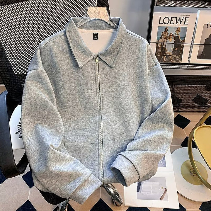 Herr Dragkedja Sweat Jacka med Skjortkrage och Oversized Skärning