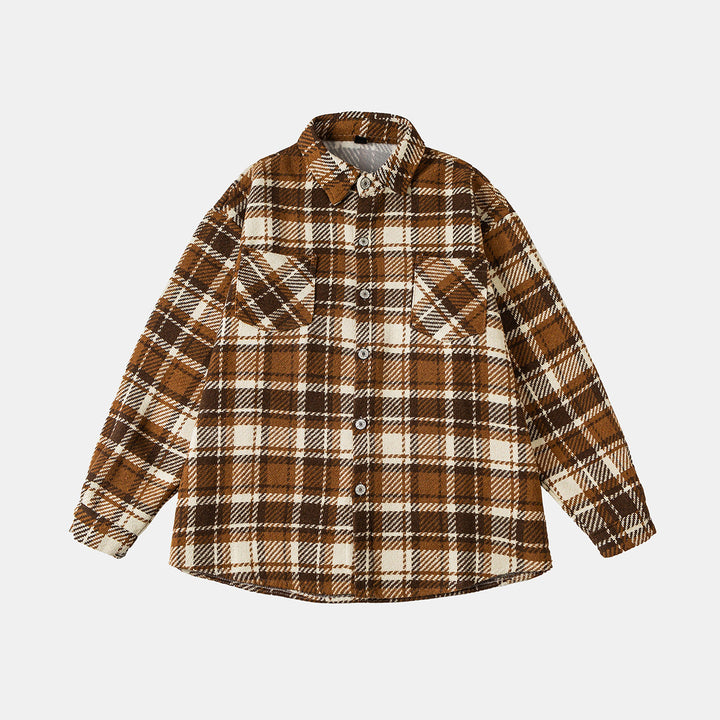 Unisex Rutig Overshirt Jacka i Shacket Stil med Patched Bröst Fickor och Avslappnad Oversized Passform