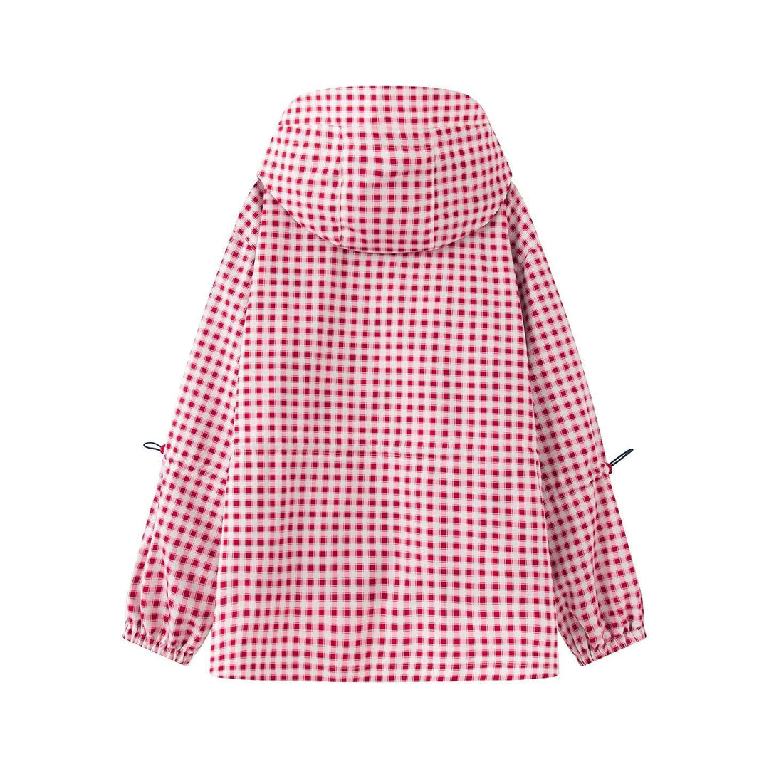 Dam Checked Övergångsjacka med Huva, Drawstring och Vattenavvisande Coating