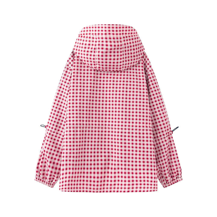 Dam Checked Övergångsjacka med Huva, Drawstring och Vattenavvisande Coating