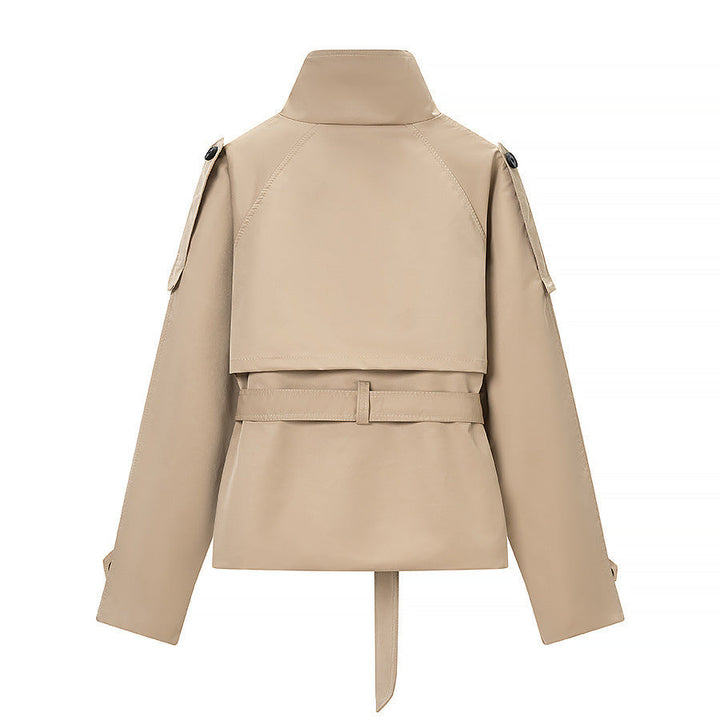 Dam Kort Trenchcoat med Hög Standing Krage, Fitted Tie Belt, och Double-Breasted Knapp Knäppning