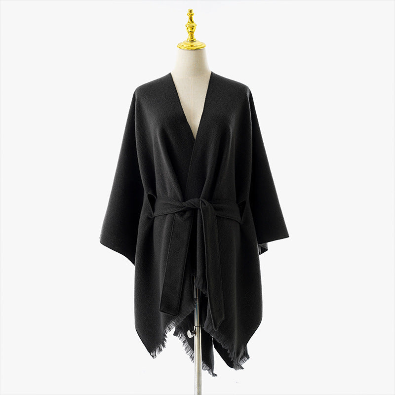 Dam Wrap poncho med Tie bälte, V-Neck och Fringed fåll