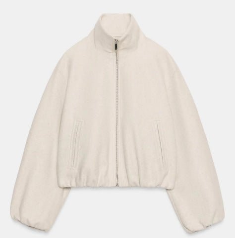 Dam Kort Skärning Bouclé Blouson Jacka med Stå Krage, Elastic Nederkant och Balloon Ärmar