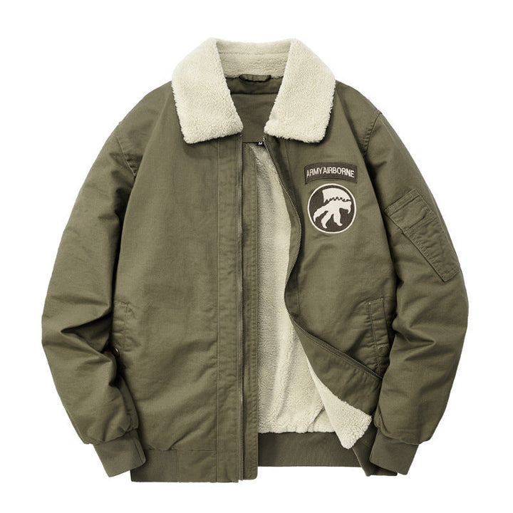Herr Fleecefodrad Flight Jacka Blouson med Sherpa Krage och Patch Detaljer