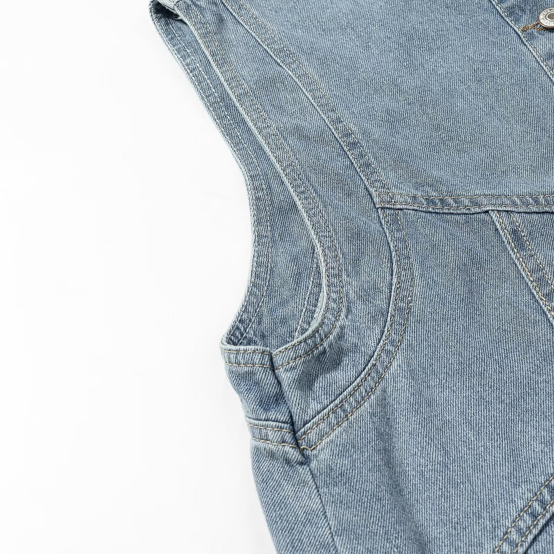 Dam jeans väst med ståkrage, hel-length knappslå, och utanpåfickor
