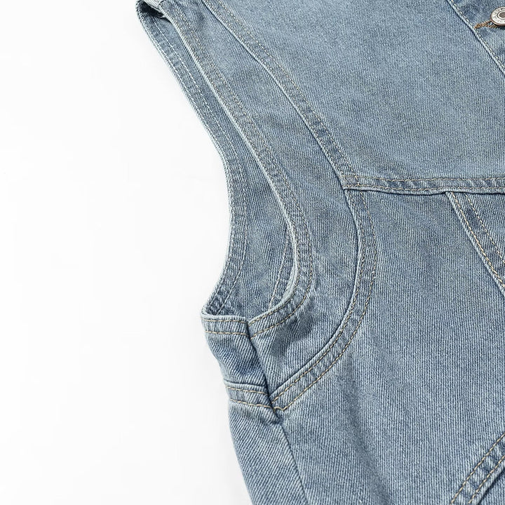 Dam jeans väst med ståkrage, hel-length knappslå, och utanpåfickor
