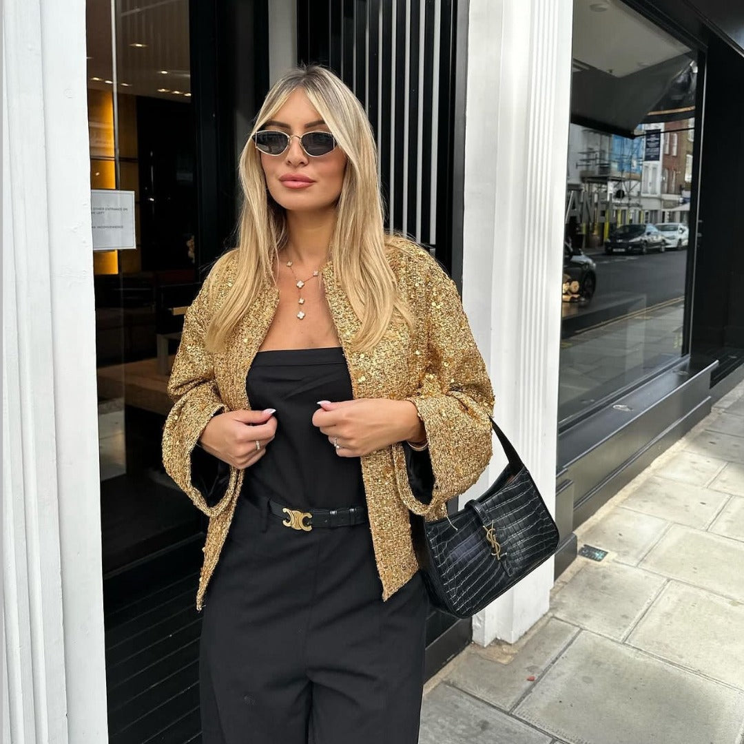 Dam avslappnad tweed jacka med kort ståkrage, concealed front, och påsydda fickor