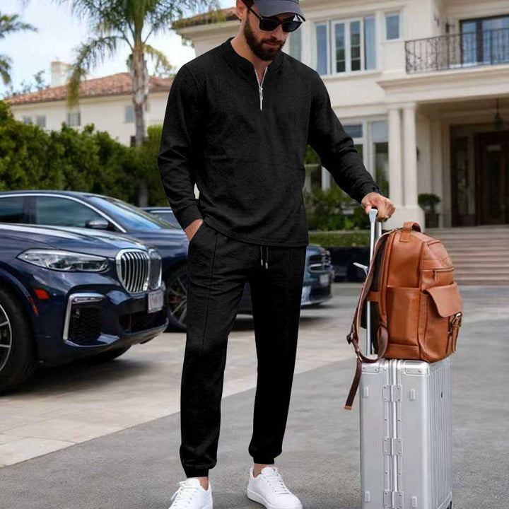 Herr Lätt Henley Loungewear Set med Contrast Krage, Dragsko Joggingbyxor och Elastiska Muddar